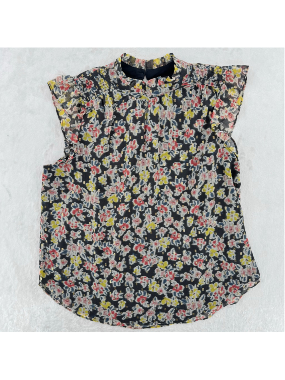 Loft Ruffle Blouse Flowy Gray Multicolor Floral Gold Metallic Sheer Boho Large